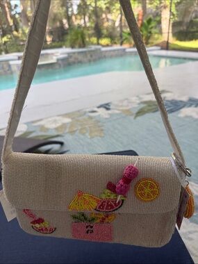 Beaded Cream Crossbody Bag with Colorful Fruit Embroidery